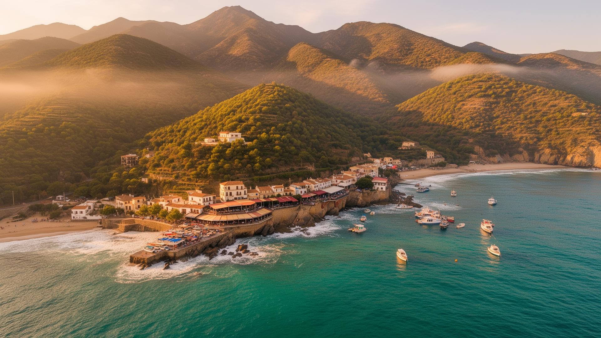 Costa española con montaña verde y mar turquesa al atardecer